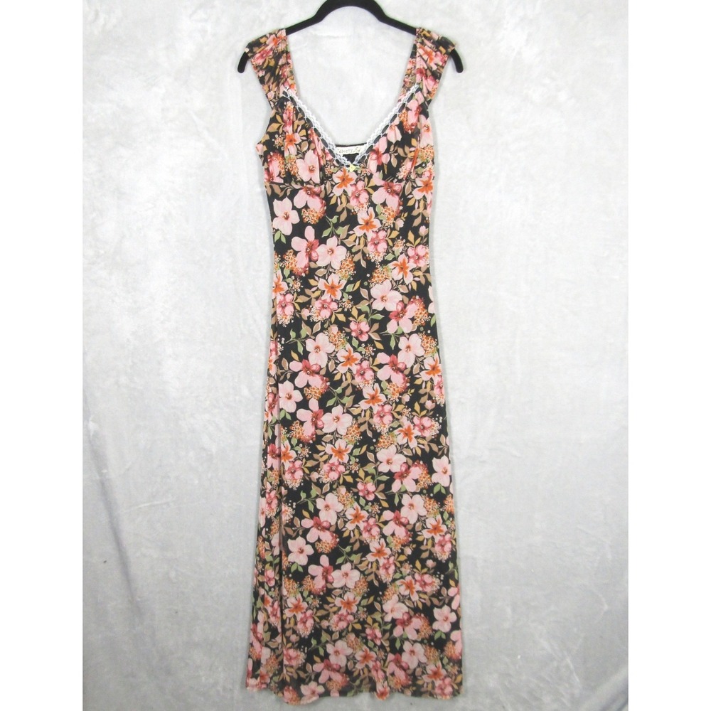 Liberty Love Floral Mesh Maxi Dress Large Black Pink Lace Trim Babydoll Y2K